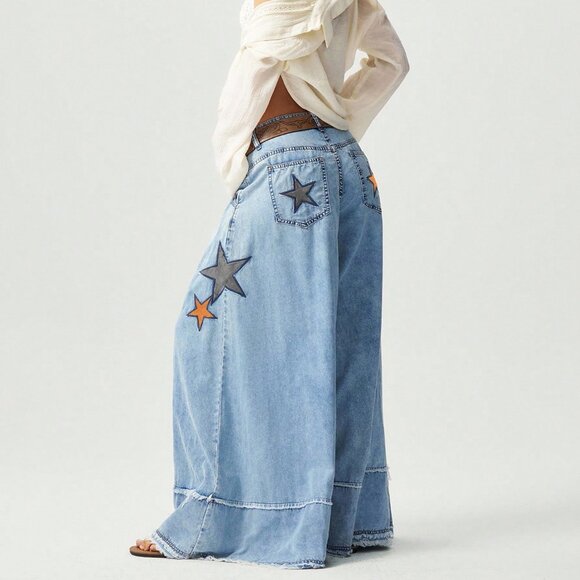 Casual Womens Light Wash Blue Star Patch Wide leg Frayed Detail Denim Jean pant - Picture 6 of 7
